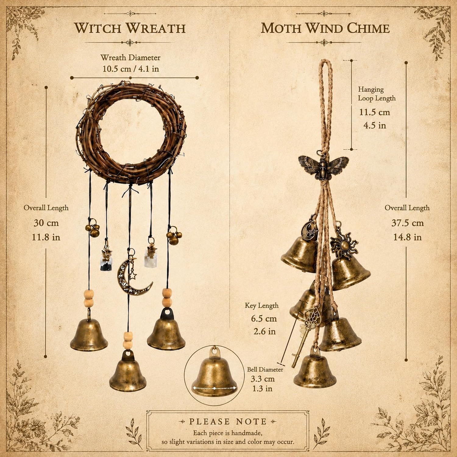 Witch Bells for Door Handmade Witchy Home Decor with Brass Bells Wreath