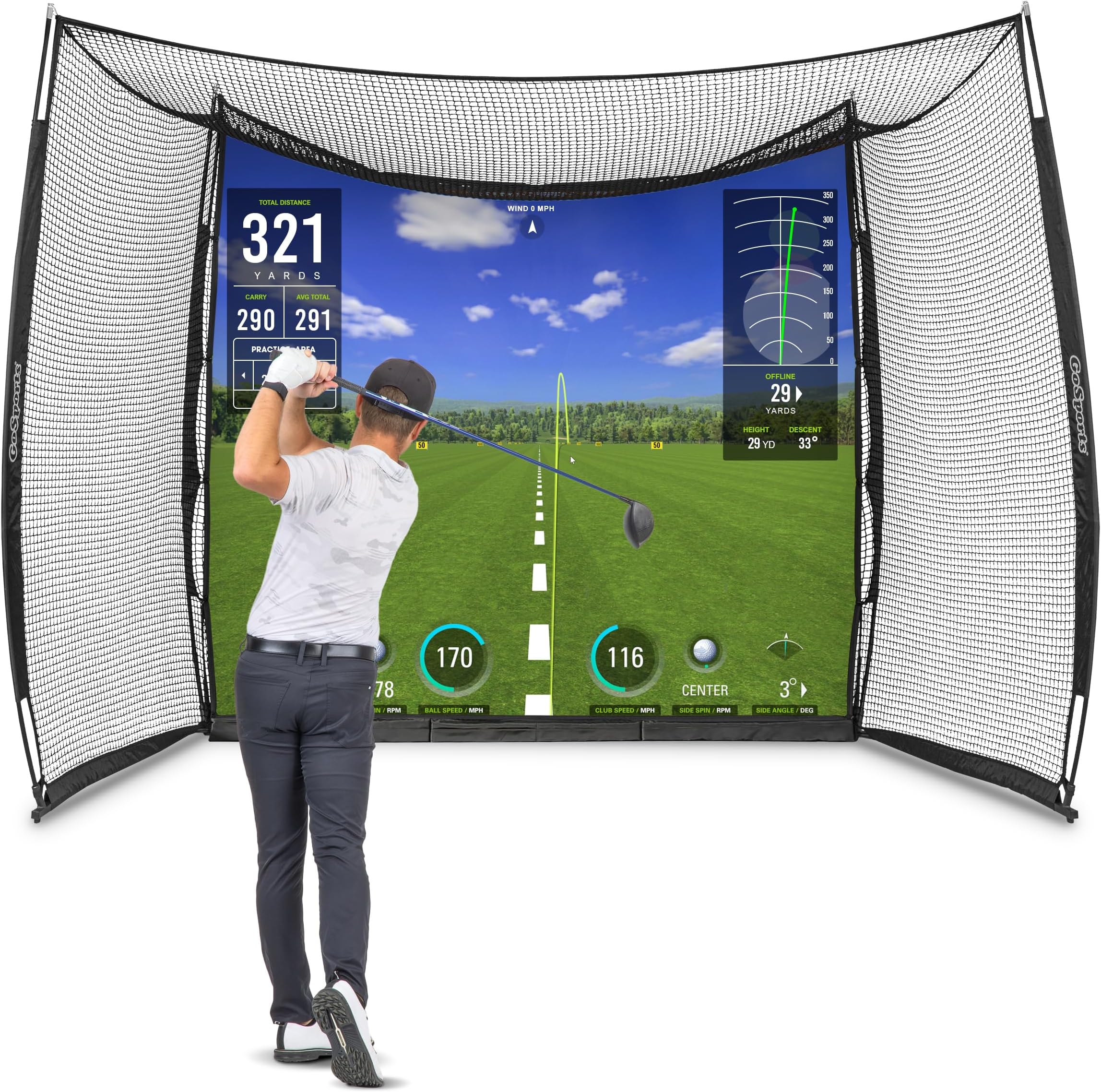 Range Cage 10 x 8 ft Golf Practice Hitting Net - Choose Between Printed Graphics Impact Screen, Blank Simulator Screen, or Classic Net