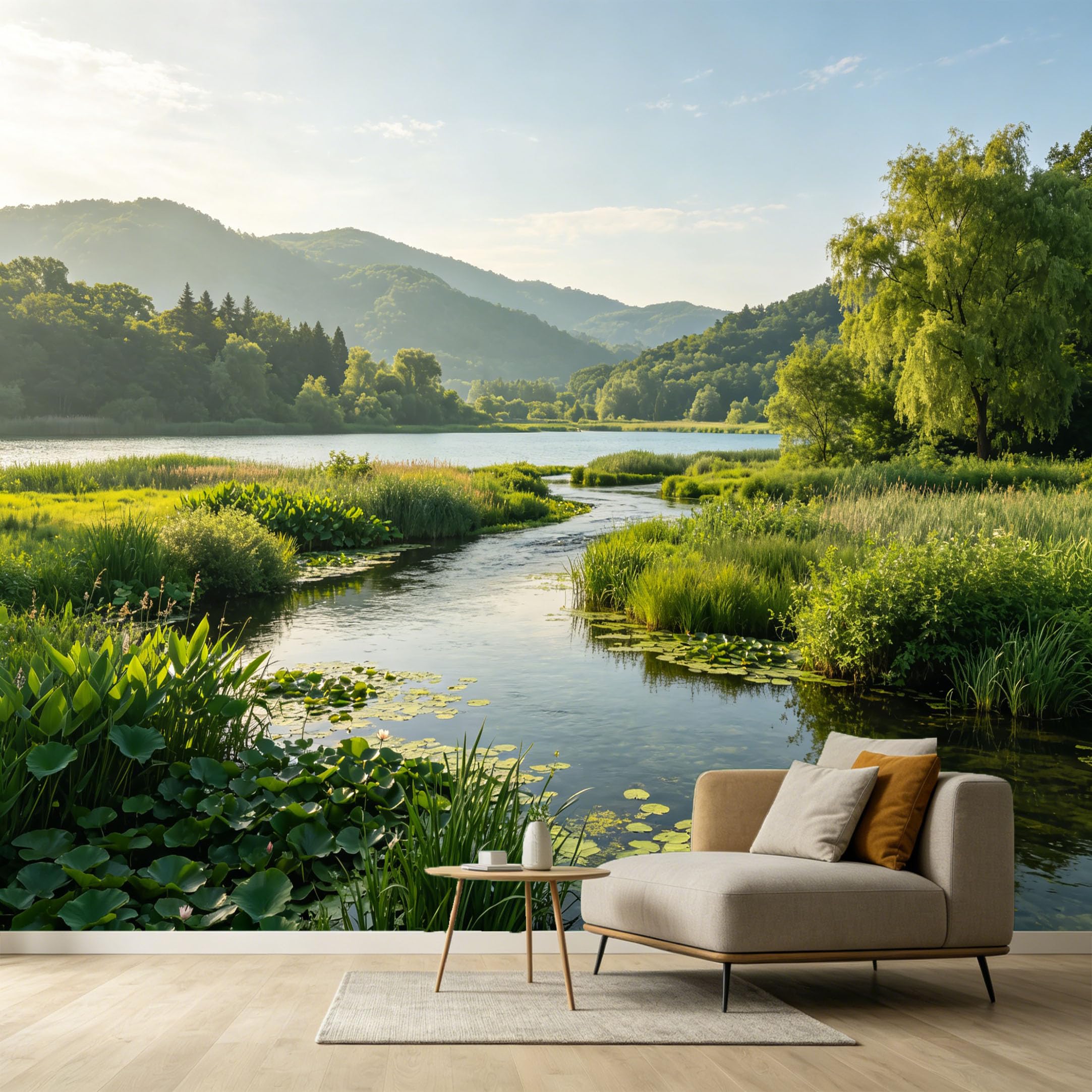 Custom Size Wall Murals Serene River Landscape Mountain Lake Botanical Tropical Plants Water Lily Nature Scenery SelfAdhesive Wall Fabric Removable Large Wallpaper for Living Room