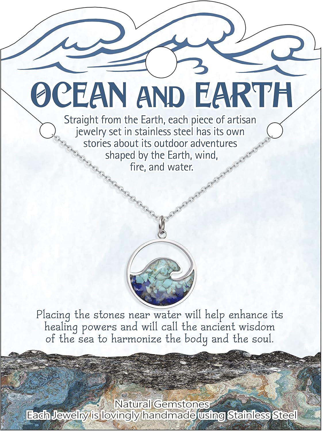 Lauren-Spencer Ocean Wave Pendant Necklace for Women, Ocean Beach Themed Jewelry Gifts for Women, Turquoise Sodalite Chips Stainless Steel Necklace, Blue Surf Necklace for Women - Image 5