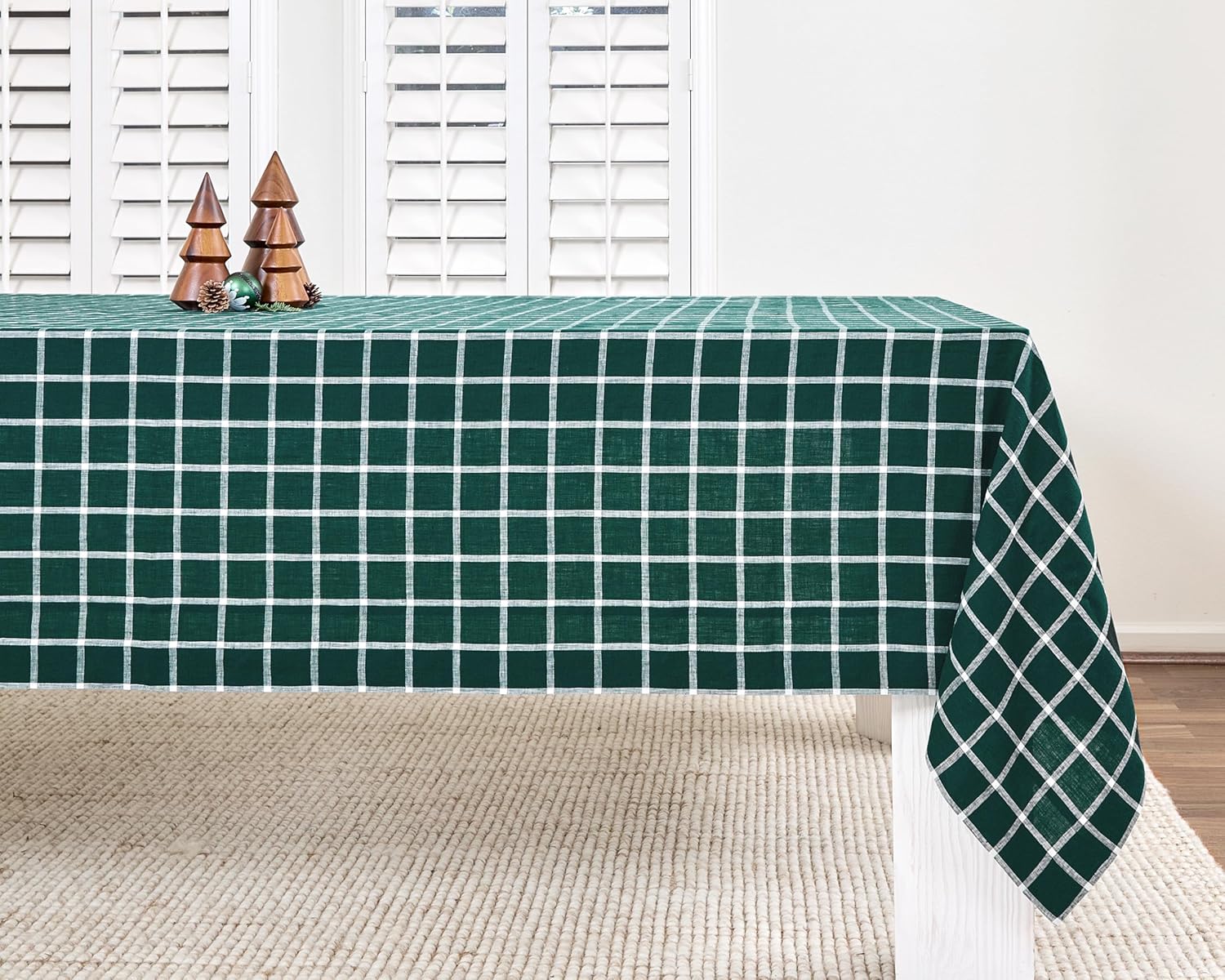 Solino Home Linen Tablecloth 52 x 52 Inch - 100% Pure Linen Windowpane Dark Green Square Tablecloth - Machine Washable Table Throw for Christmas, Holiday