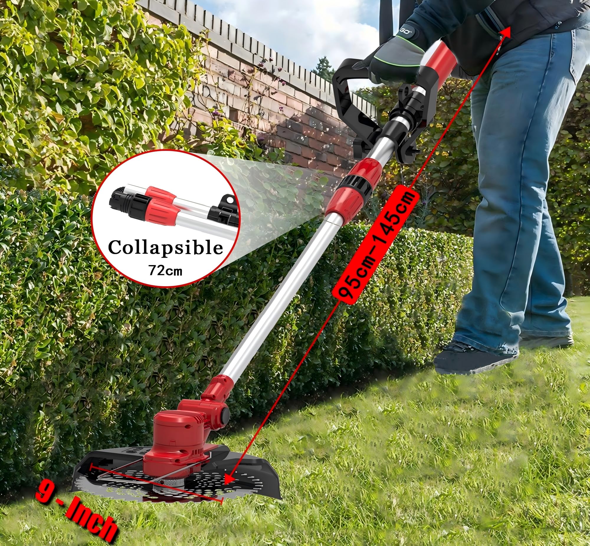 TerraKraft 21 V Rasentrimmer mit Akku, Rasentrimmer mit Unkrautbürste. 750w Bürstenloser Motor, 180° Collapsible, Die Teleskophöhe ca 95 cm - 145 cm, 90° Trimmwinkel(Inkl2 x 4,0Ah Akku)(Rot)