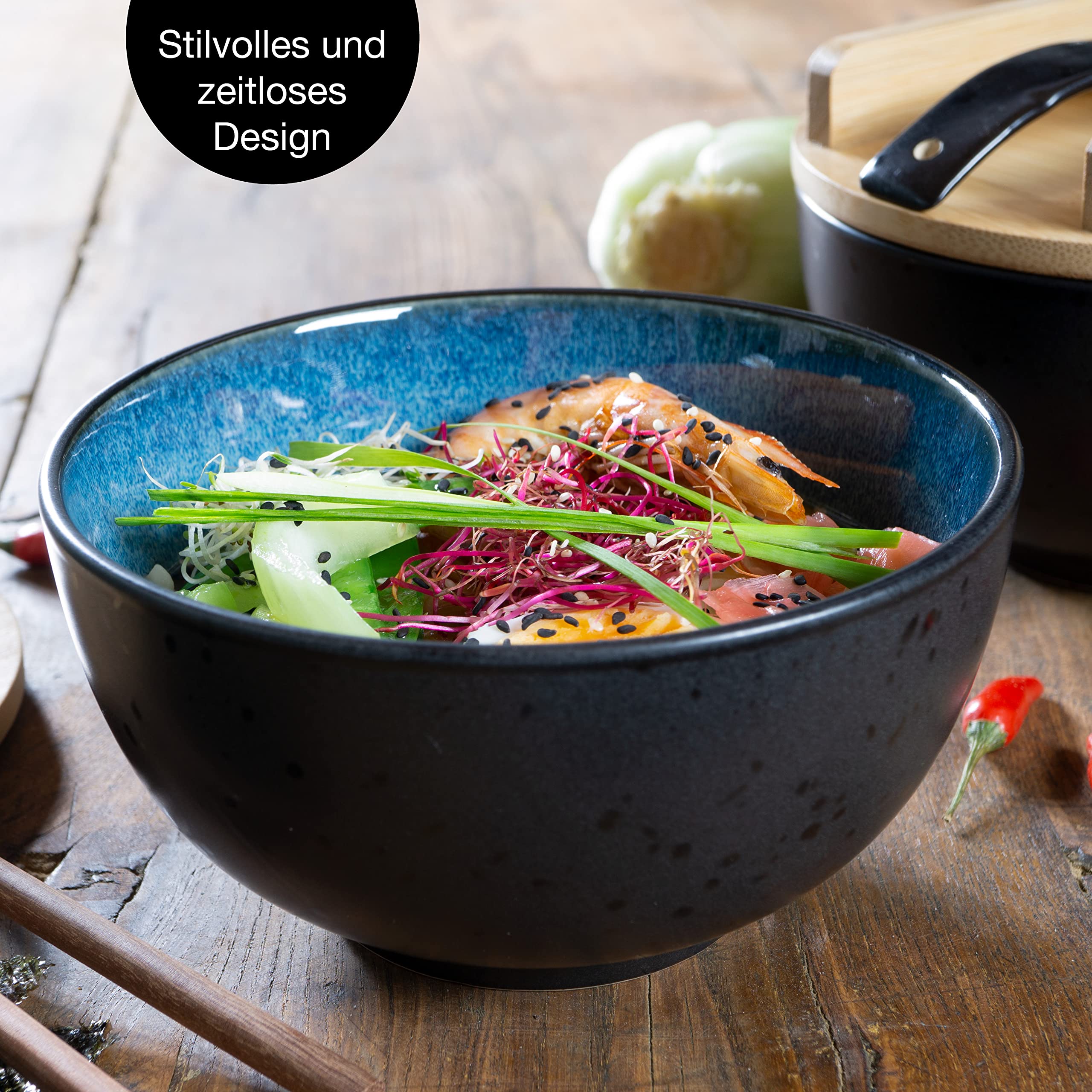 Moritz & Moritz 4x SOLID Ramen Schüssel Keramik - 600 ml - 15 cm Ø - Schwarz blaues Ramen Bowl Set für 4 Personen - Für Suppe, Pho und Sushi Bowl - Inkl. Stäbchen, Deckel und Löffel