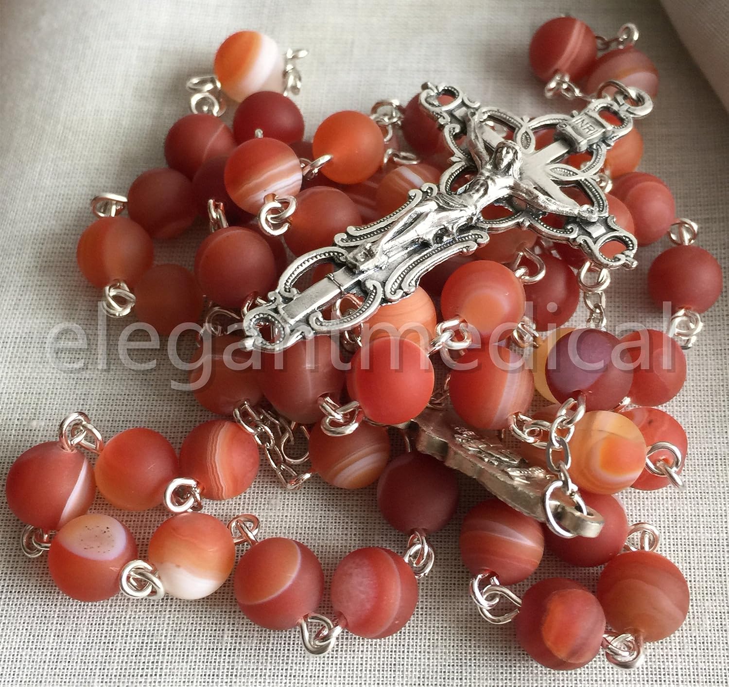 elegantmedical HANDMADE Tibet Red Agate/Carnelian beads Catholic 5 DECADE Rosary Necklace Cross crucifix & Gift Box