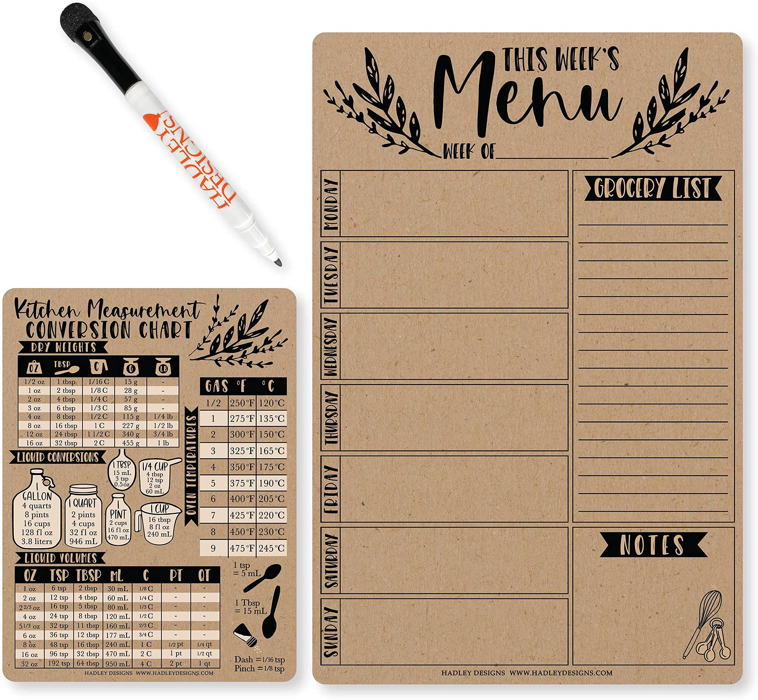 Magnetic Meal Planner for Refrigerator - Rustic Magnetic Weekly Menu Board for Kitchen Conversion Chart Magnet, Weekly Meal Planner Dry Erase Board for Refrigerator, Magnetic Menu Board for Fridge