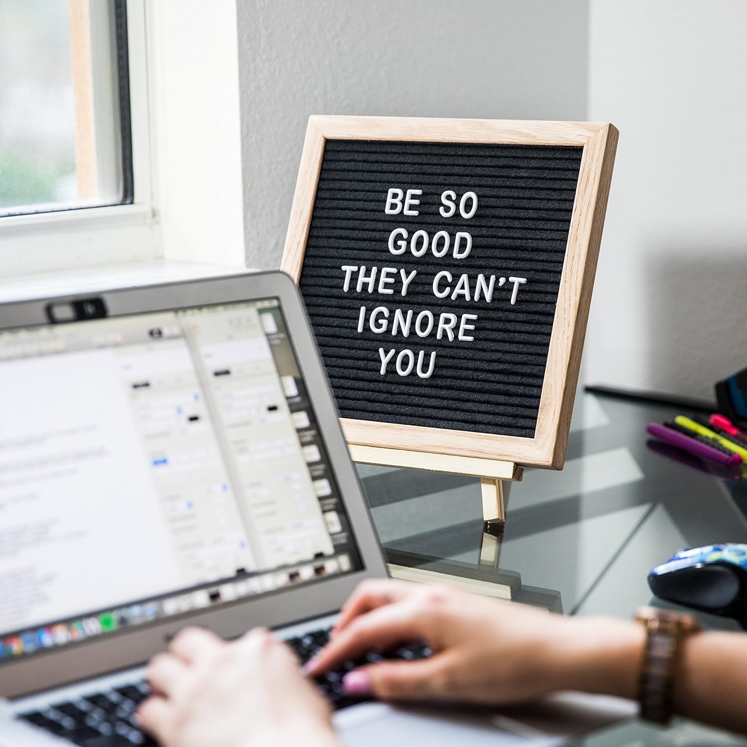 Black Felt Letter Board Set 10X10-346 CLIPPED White Plastic Changeable Letters, Numbers and Symbols- Oak Wooden Frame, Wall Mount, Easel- Bonus Letters Organizer Tray+Letter Pouch|By Papervera