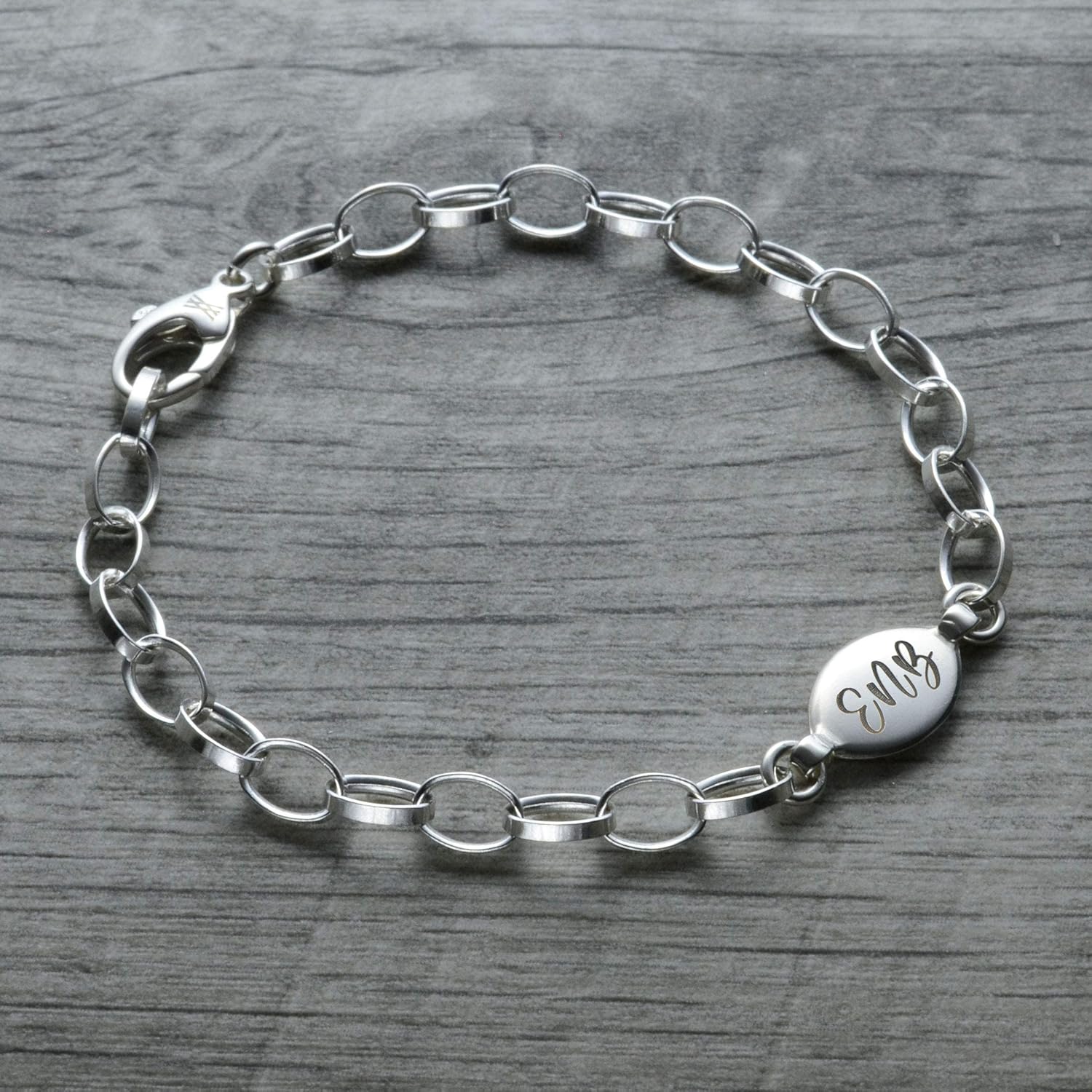 Personalized Initial Charm Bracelet in Sterling Silver, Oval Tag
