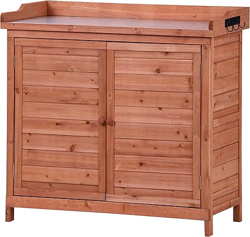 Knocbel Mesa de banco para macetas de jardín al aire libre para plantar al aire libre, estación de trabajo de jardinería de madera, armario de