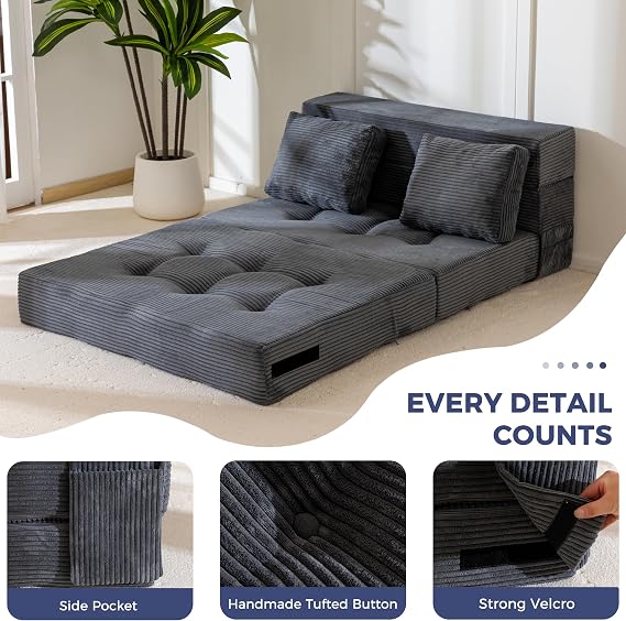 MAXYOYO Folding Foam Sofa Bed, Tri-Fold Mattress with 1 Pillow, Convertible Sofa Chair Futon Z Bed with 15cm Thincken Foam, Portable 3 in 1 Floor Couch