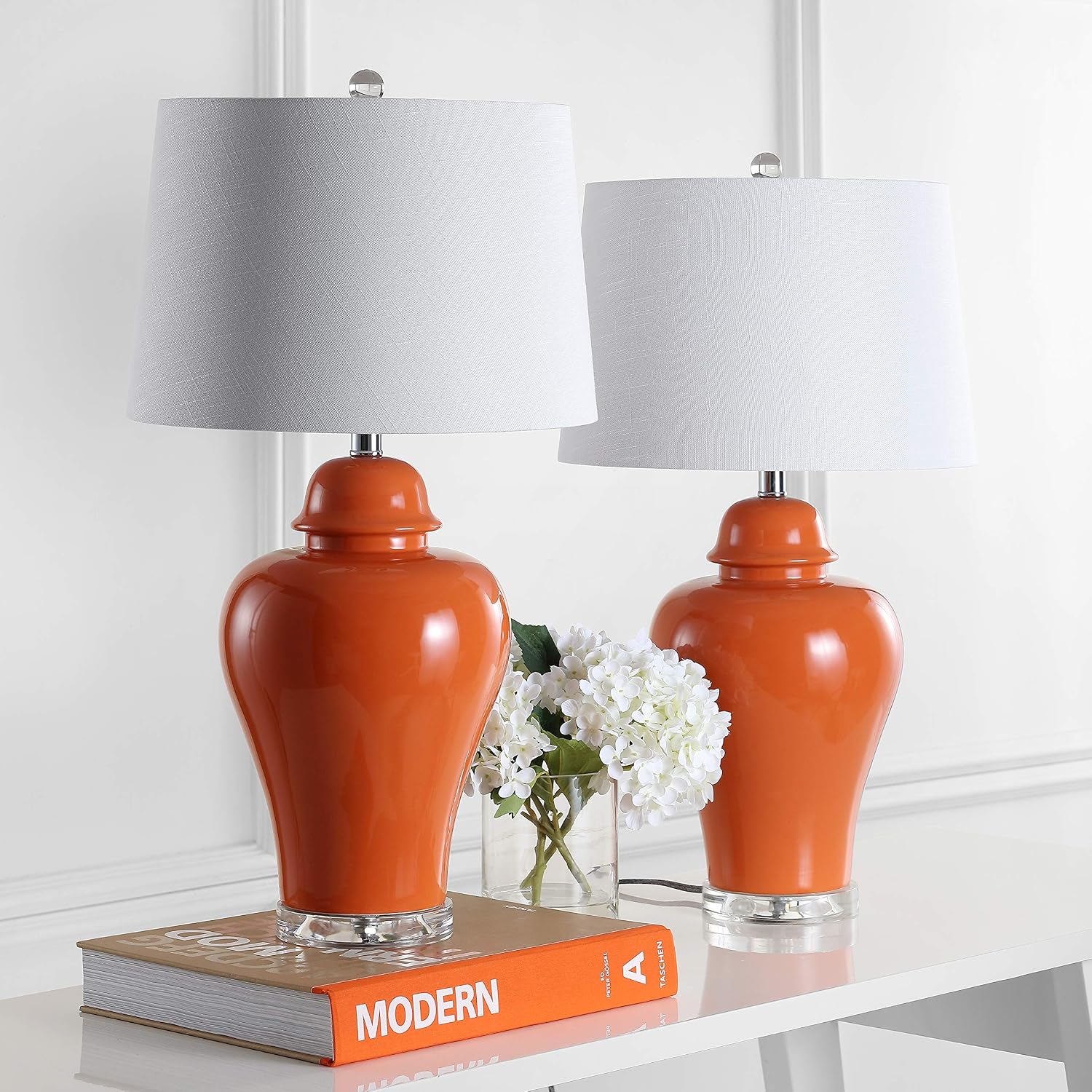 JONATHAN Y 27" Orange Ceramic Urn Table Lamp Set of 2 for Living Room, Bedside Nightstand Lamps for Bedroom, Farmhouse Decor with White Linen Shade, LED Bulbs Included (JYL4020B-SET2)