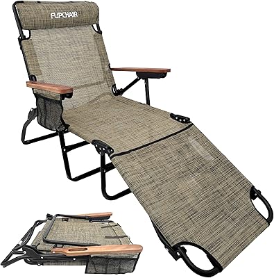 FLIP CHAIR - Face Down Tanning Chaise Lounge Chair with Face & Arm Holes - 4 Legs Support - Textilene Material - 6 Position - Arm Rests - Head Rest Pillow - Beach or Home Use - PATENTS PENDING - Tan