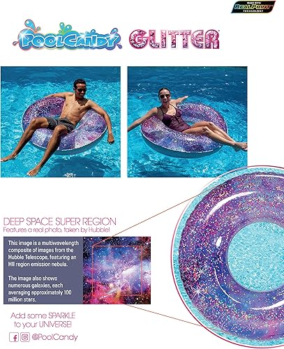 Miniatura 8 de Poolcandy Relájate con estilo con el flotador inflable de 48 pulgadas con purpurina para el espacio profundo, duradero, cómodo y fácil de inflar