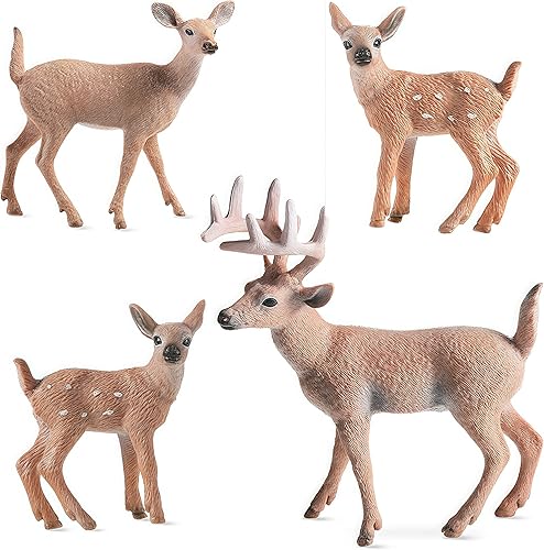 Miniatura 8 de Gemini&Genius Figuras de ciervos de cola blanca con cachorro, 4 juguetes de animales de bosque de la familia de renos, ideales para recuerdos de