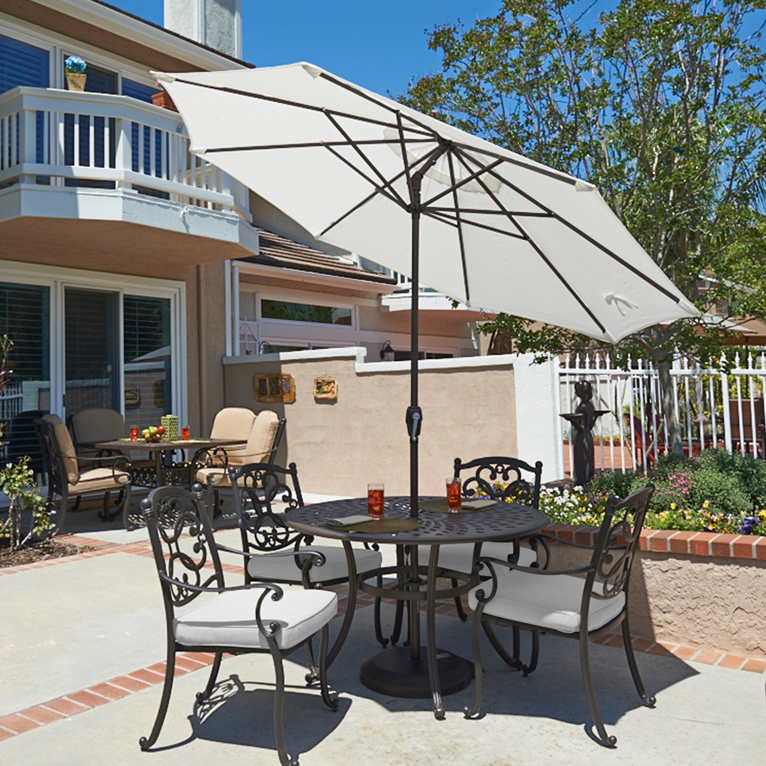 California Umbrella 9' Round Aluminum Market Umbrella, Crank Lift, Auto Tilt, Bronze Pole, White Olefin