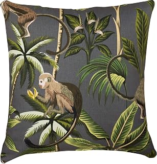 Linen Loft Saimiri Squirrel Monkey and Exotic Botanical Cushion Cover. 17x17 Square Cover. Charcoal Grey Blue Monkeys and Palm Trees. 100% Cotton. Cover Only.