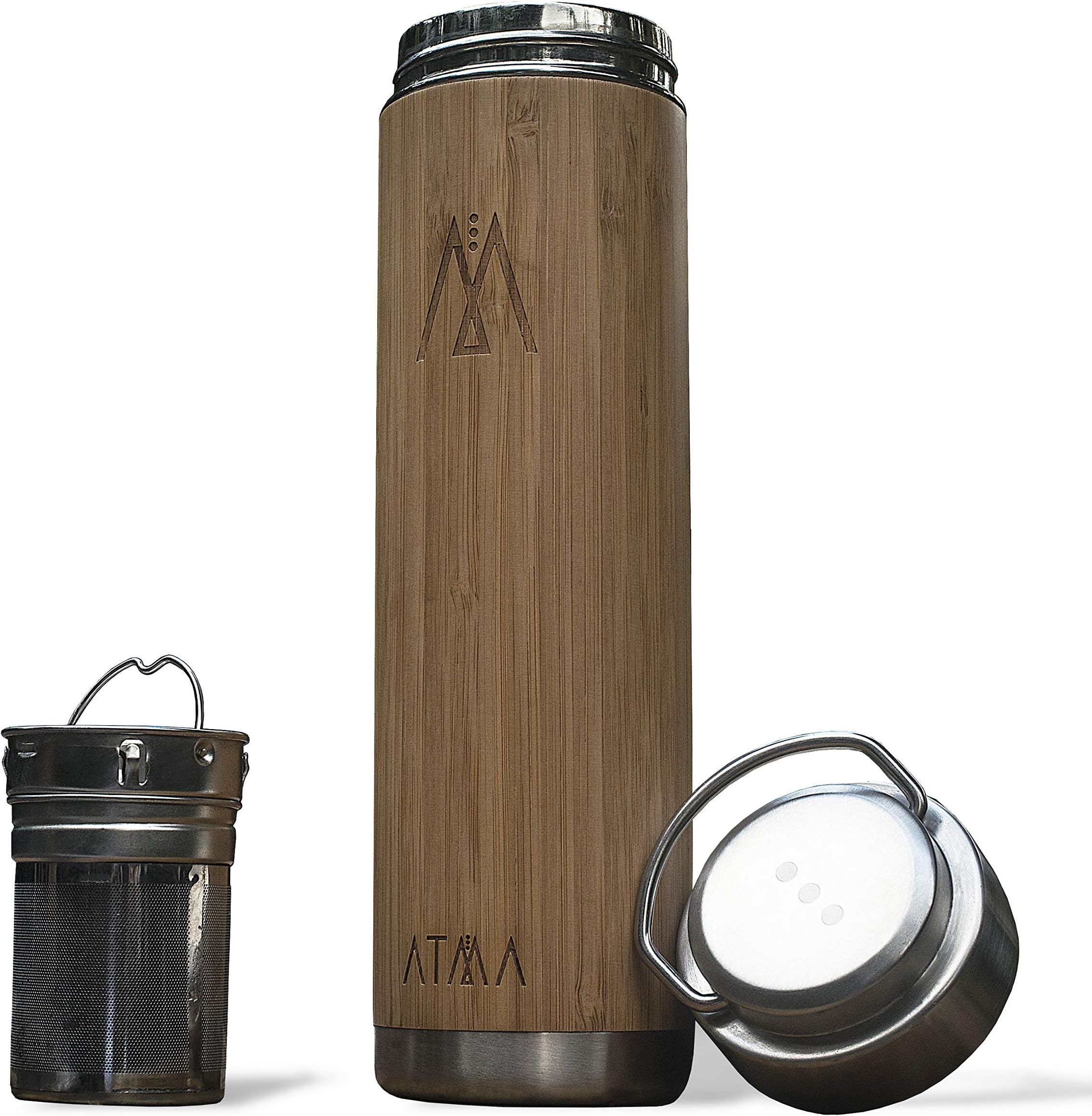 Bamboo Water Bottle & Tea infuser by ATMA PREM - BPA & Plastic free- Stainless Steel travel tumbler - Vacuum insulated double wall - Cold brew coffee filter and strainer for loose tea leaves -