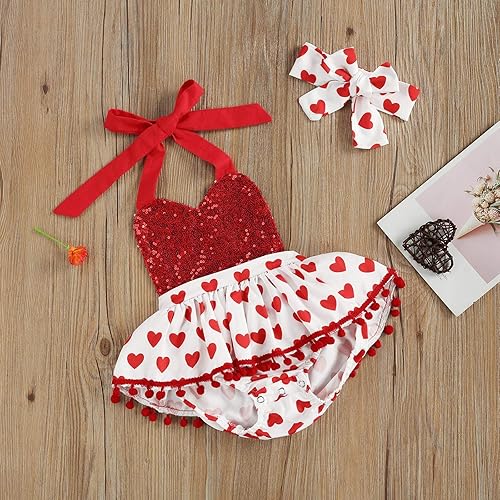 Miniatura 7 de Conjunto de ropa de 2 piezas para bebé recién nacida, para el día de San Valentín, manga con vuelo, estampado de corazón, tutú