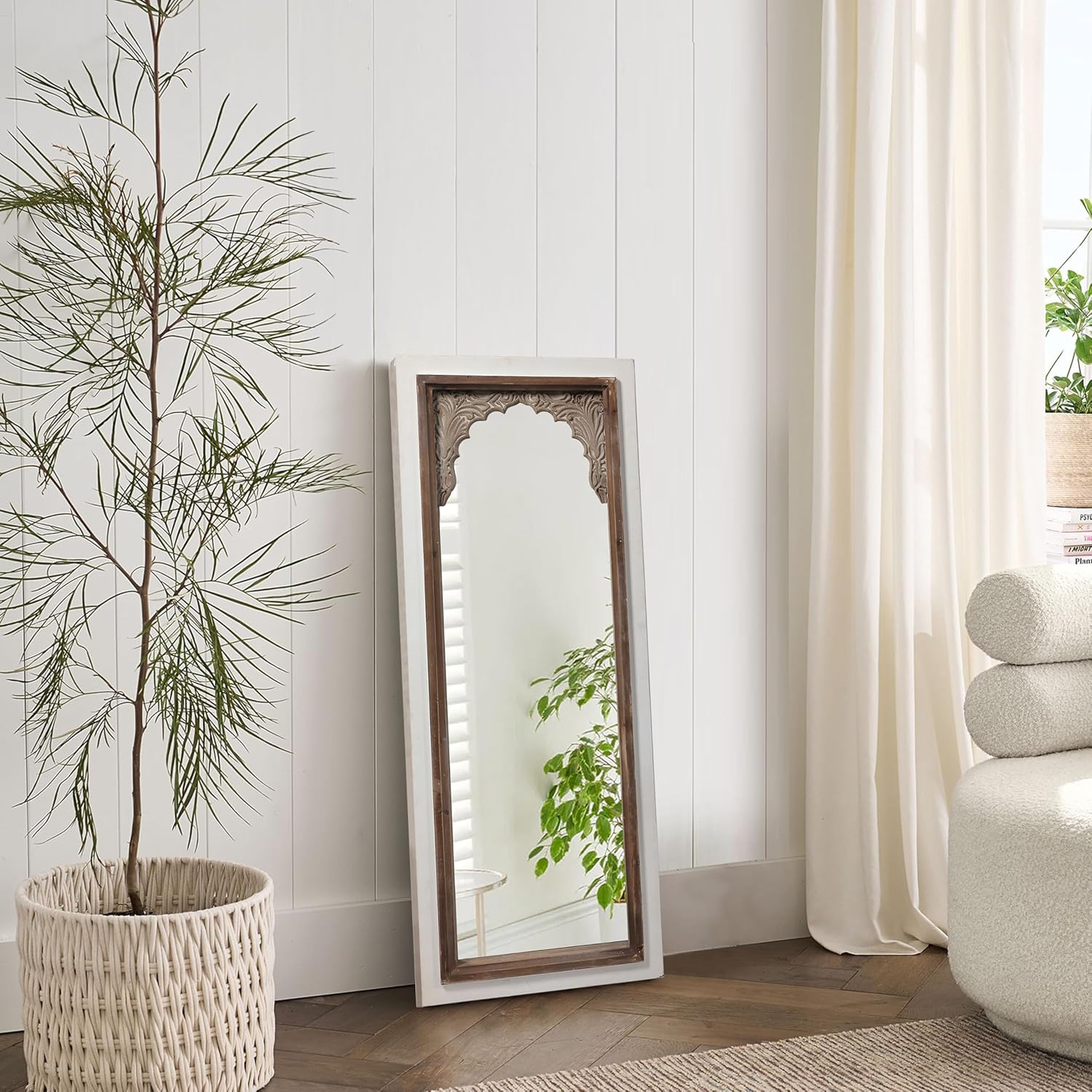 Vintage Small Full Length Mirror with Stand 42 inch, Handmade Distressed Finish White Leaning Rustic Wood Floor Mirror, Ornate Carved Arched Full Length Mirrors for Bedroom Dressing Room