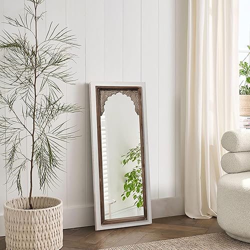 Miniatura 5 de Espejo vintage pequeño de longitud completa con soporte de 42 pulgadas, hecho a mano, acabado envejecido, blanco inclinado, espejo de piso de madera