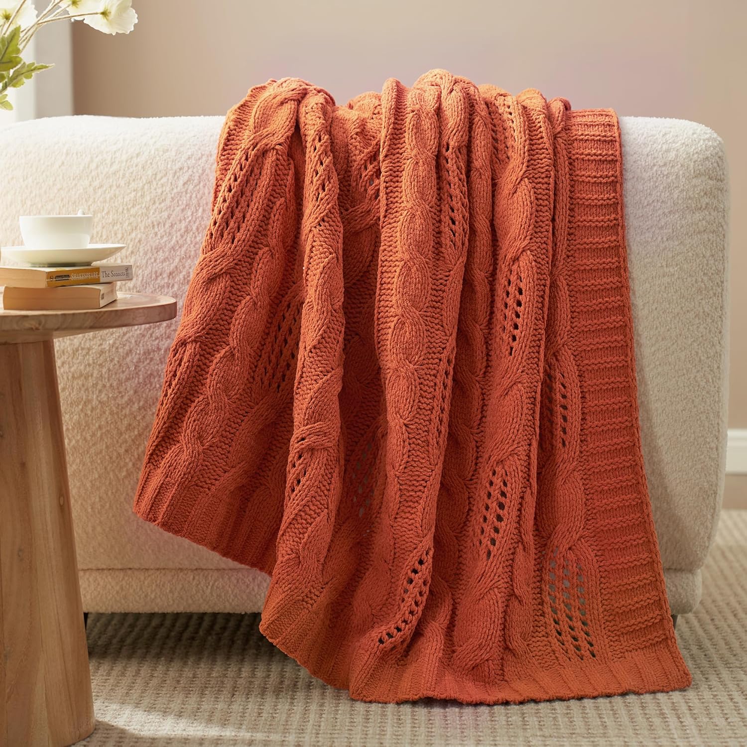 Amélie Home Chunky Knit Throw Blanket, Dual-Sided Soft Chenille Breathable Cable Knitted Blanket for Couch, Farmhouse Decorative Throw for Sofa & Chair, 60"x80", Burnt Orange - Image 2