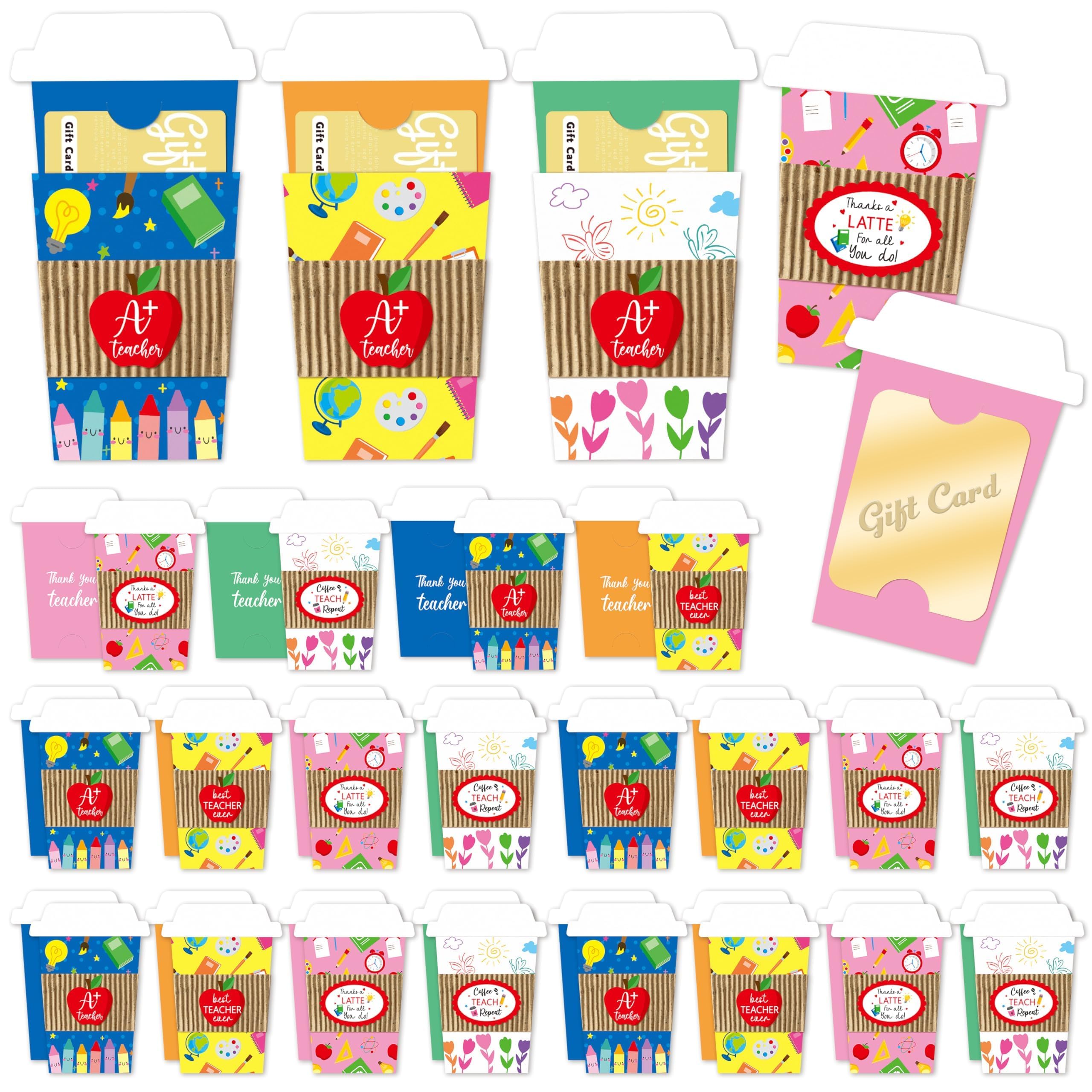 ANGOLIO 24 Teacher Appreciation Coffee Gift Card Holders, Thanks A Latte Coffee Cup Gift Envelopes are well-made for a Note Cash, Funny Thank You