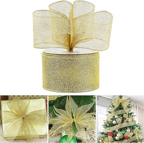 AIMUDI Cinta dorada de Navidad con alambre de 2.5 pulgadas para árbol de Navidad, cinta dorada con purpurina para coronas, envoltura de regalos,