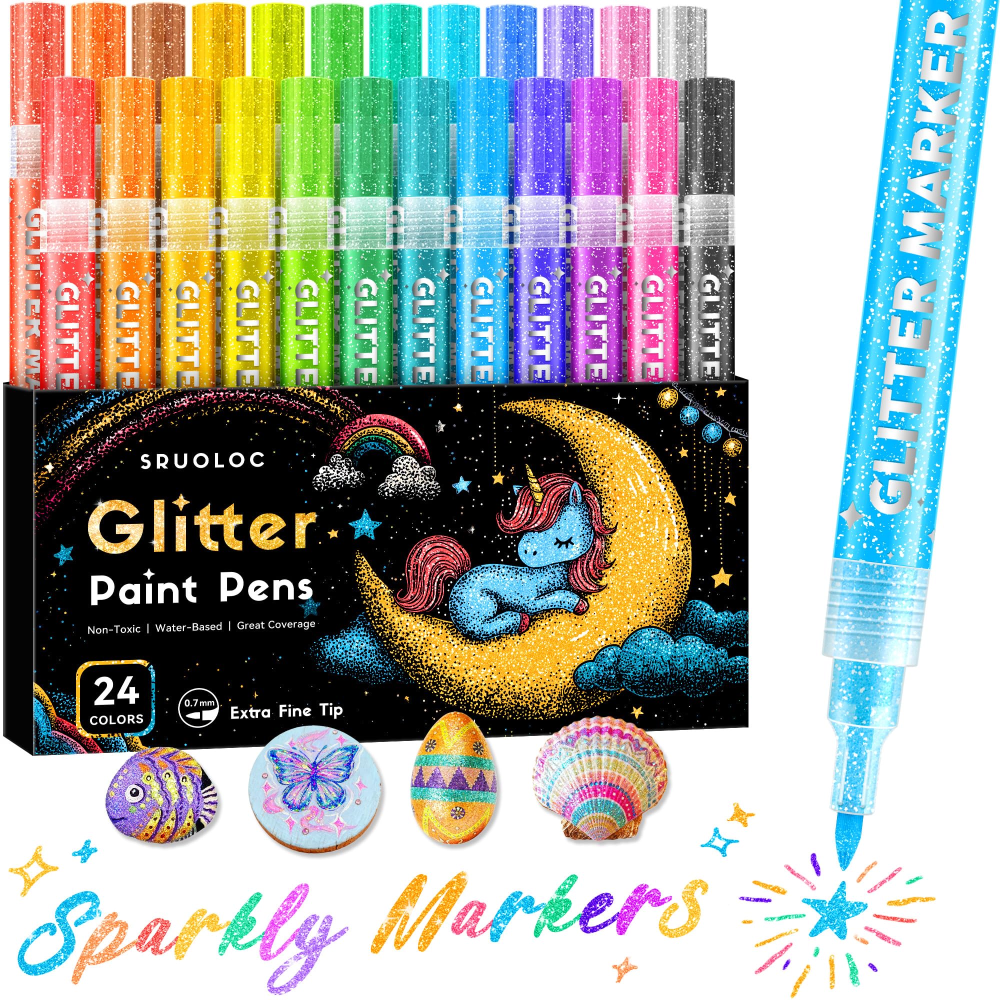Glitter Paint Pens 24 Colors Glitter Markers Pens Set Acrylic Sparkle Markers Teen Art Supplies for Scrapbooking Cards