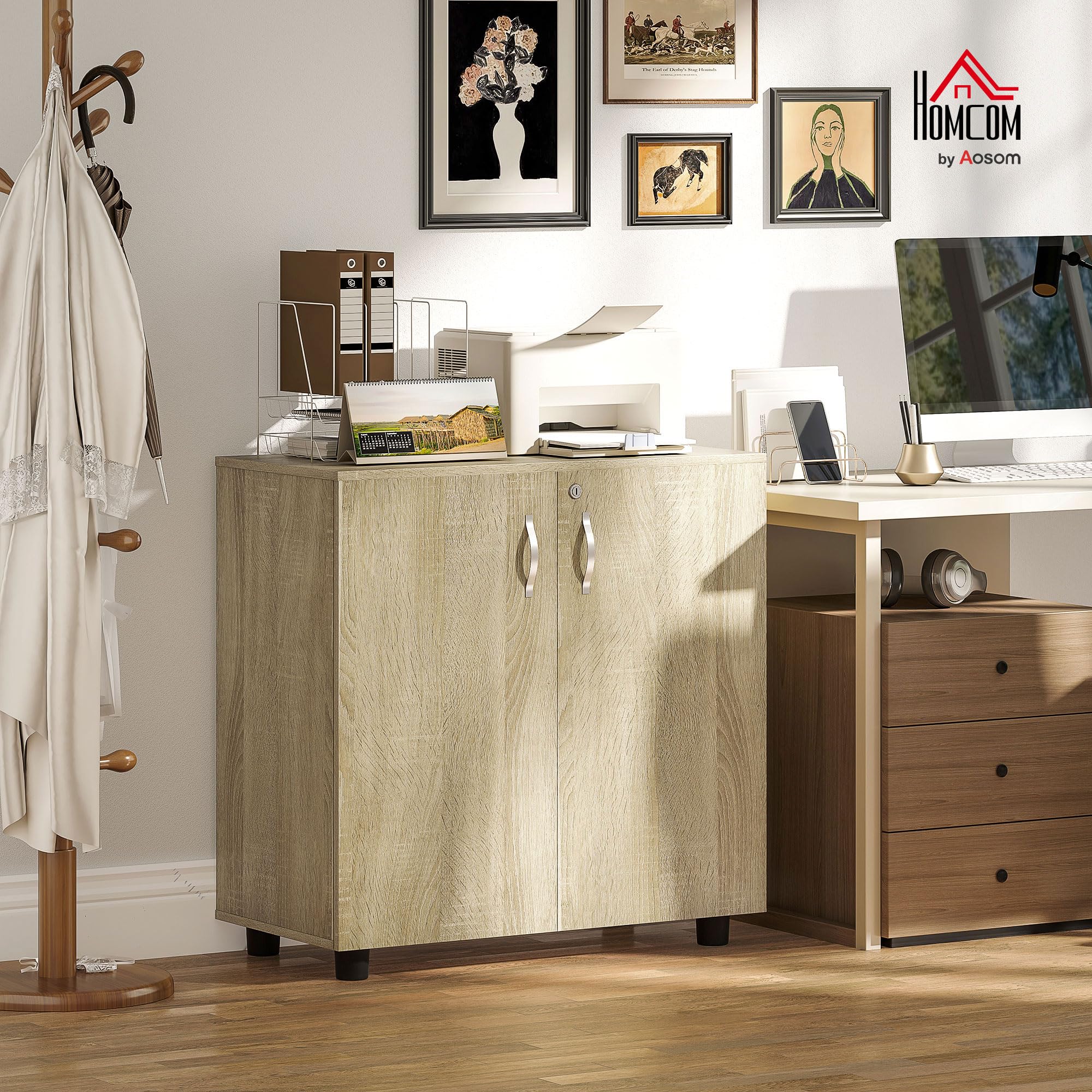 Vinsetto Armadietto per Documenti con Serratura, Armadio da Ufficio con 2 Ante e 2 Ripiani, Mobiletto Multiuso Portaoggetti con Maniglia in Lega di Alluminio, per Casa Ufficio, 80x40x80 cm, Rovere