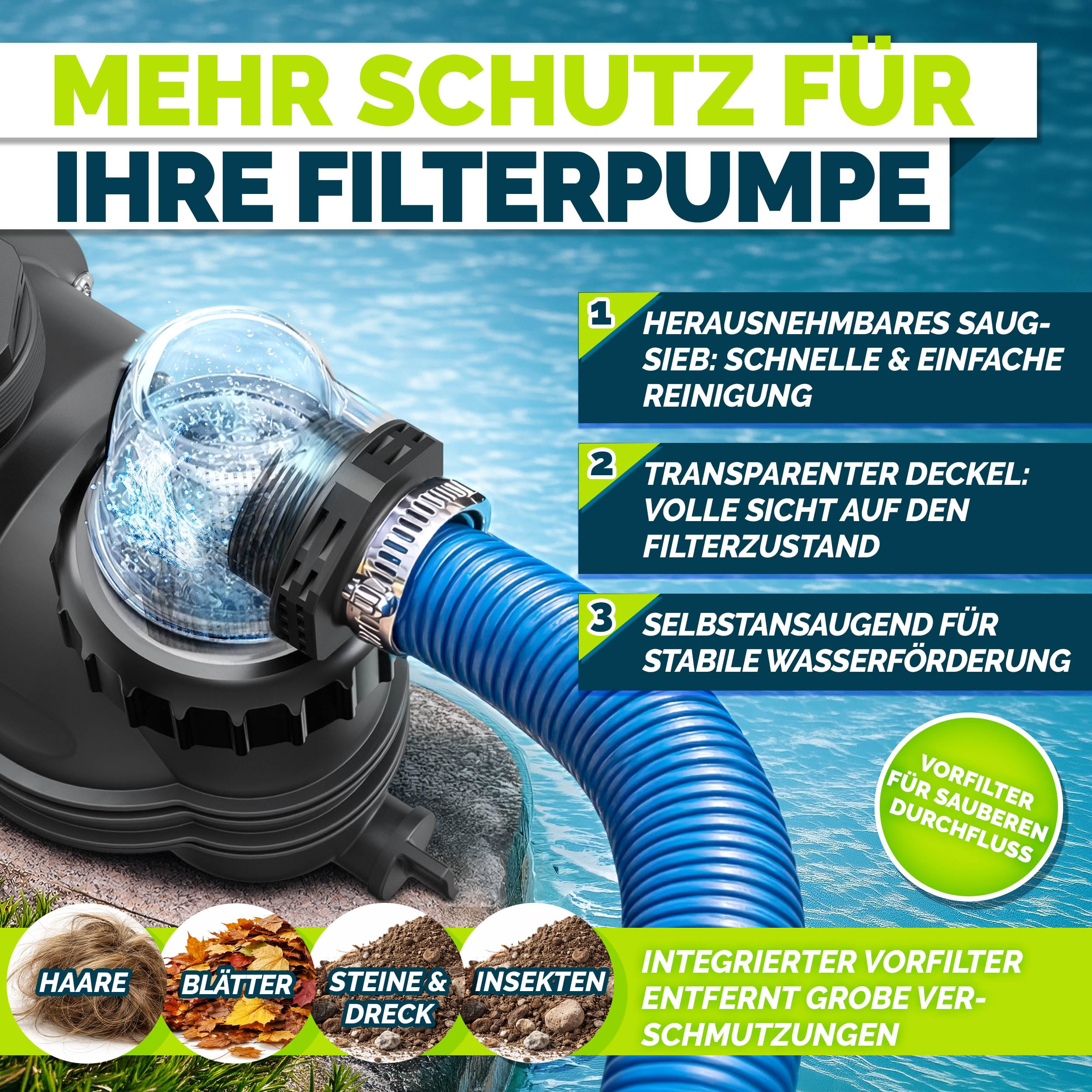 tillvex® Filterpumpe Pool mit Timer 9.500L/h & 550W | Schwimmbadpumpe Förderhöhe max. 10m | Poolfilter Umwälzpumpe für 40m³ Pools | Poolpumpe selbstansaugend für Pools Aufstellpool Spa mit Vorfilter