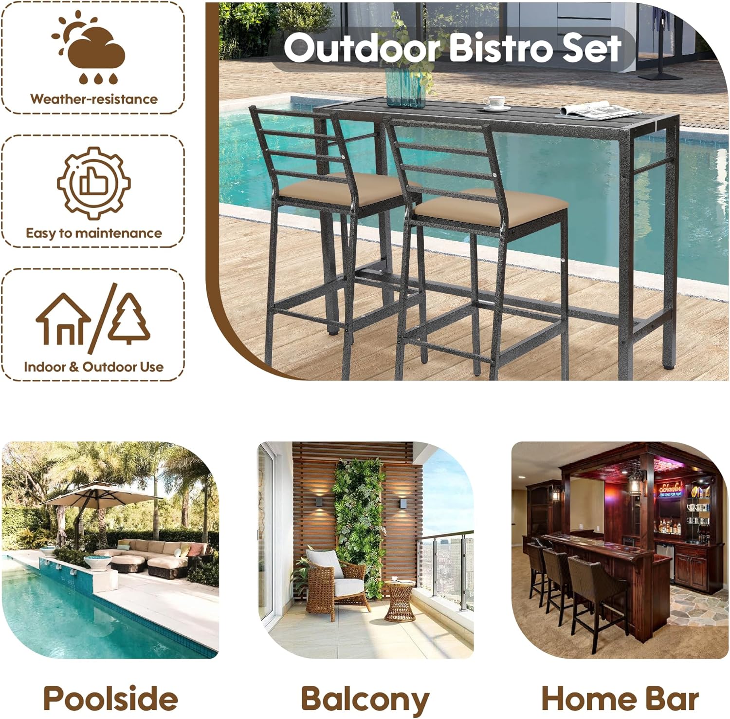 3Pcs Outdoor Patio Bar Set with Cover, 55" Rectangular Pub Height High Top Bar Table with 2 Cushioned Bar Stools, Metal Bar Table and Chairs Set for Outside, Patio, Balcony, Deck