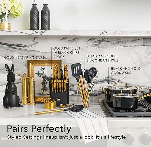 Miniatura 3 de Juego de utensilios de cocina negros y dorados, juego de utensilios de silicona de 6 piezas, incluye pinzas, batidor, cuchara de servir, espátula y