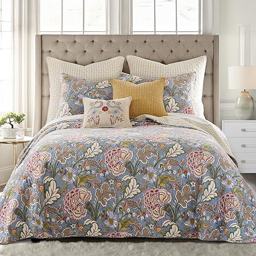 Levtex Home Angelica - Juego de colcha reversible individual (80x106 pulgadas) con 1 funda de almohada (26x20 pulgadas) - Ropa de cama floral - Azul