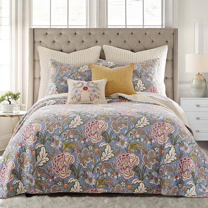 Levtex Home Angelica Reversible King/Cal King Comforter Set (106x94in) with 2 Pillowcases (36x20in) - Floral Bedding - Blue Grey, Coral - 100% Cotton King Size Comforter Set - Soft, Pre-Washed