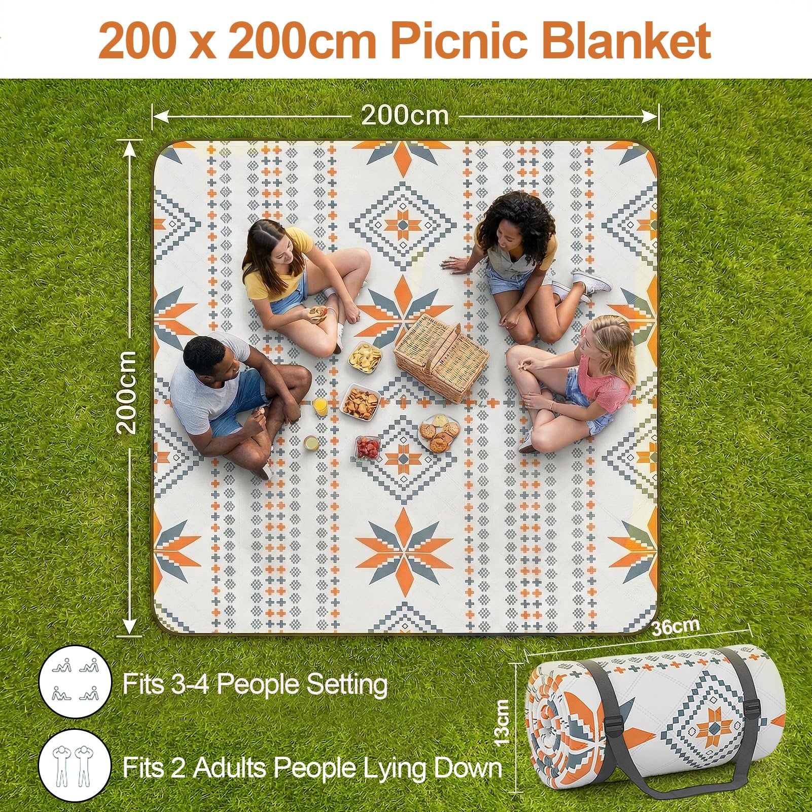 Koc piknikowy w stylu boho, wodoszczelny, 200 x 200 cm: koc plażowy, bez piasku, z uchwytem do noszenia, mata plażowa, nadaje się do prania, koc kempingowy, na suchą, plażę, piknik, wędrówki