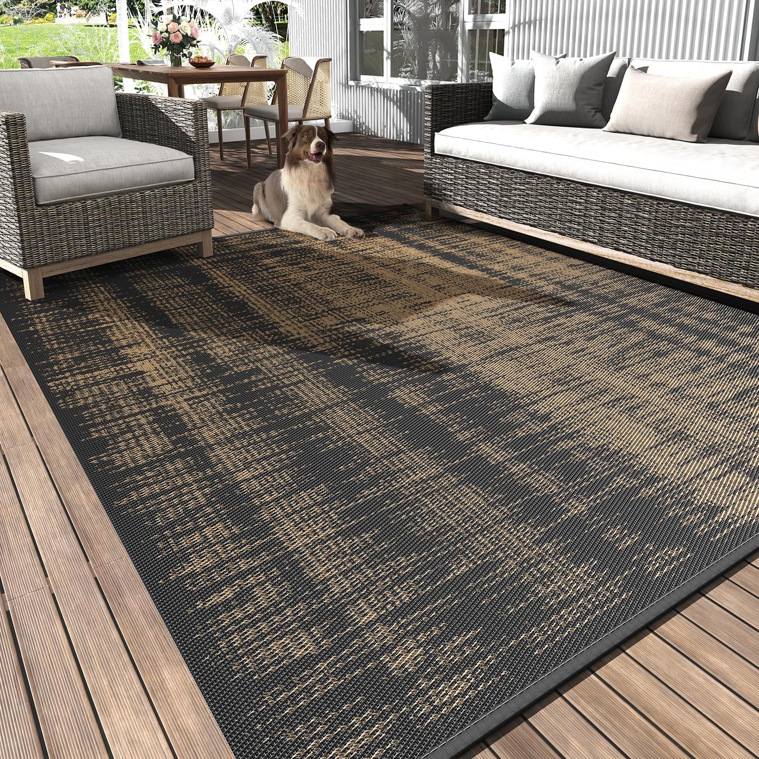 MontVoo Outdoor Rug Waterproof 6x9 ft Outdoor Carpet Patio Rug Mat Reversible RV Camping Rug Plastic Straw Outside Rug for Balcony Porch Deck Picnic Beach Modern Black Brown Black Brown 6' x 9' (Rectangular)