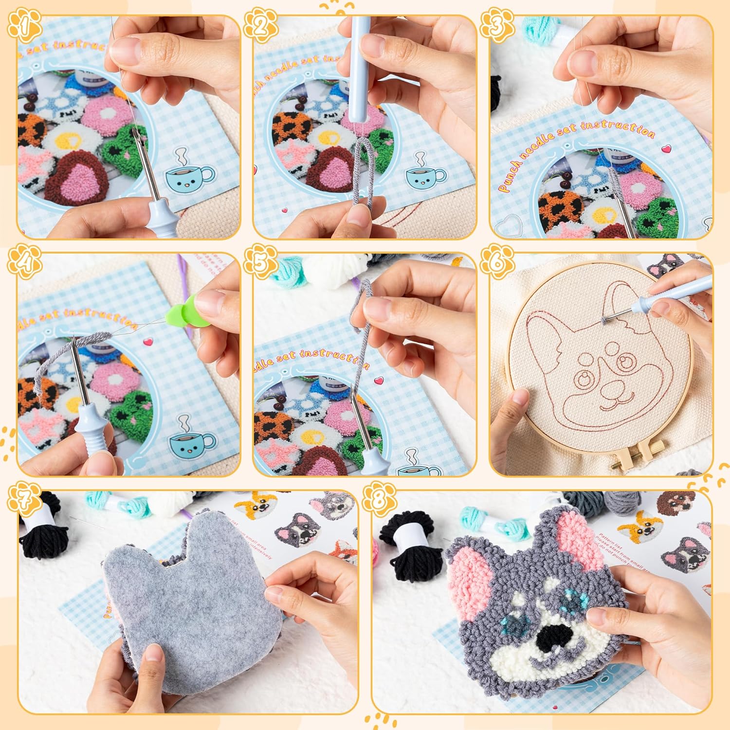 WATINC Puppy Punch Needle Coaster Kit - 6 Patterns Dog Punch Needle Embroidery Craft Kit, DIY Felting Coaster for Adults Beginners with Adhesive Yarns Fabric Felt Hoop Tools Instruction