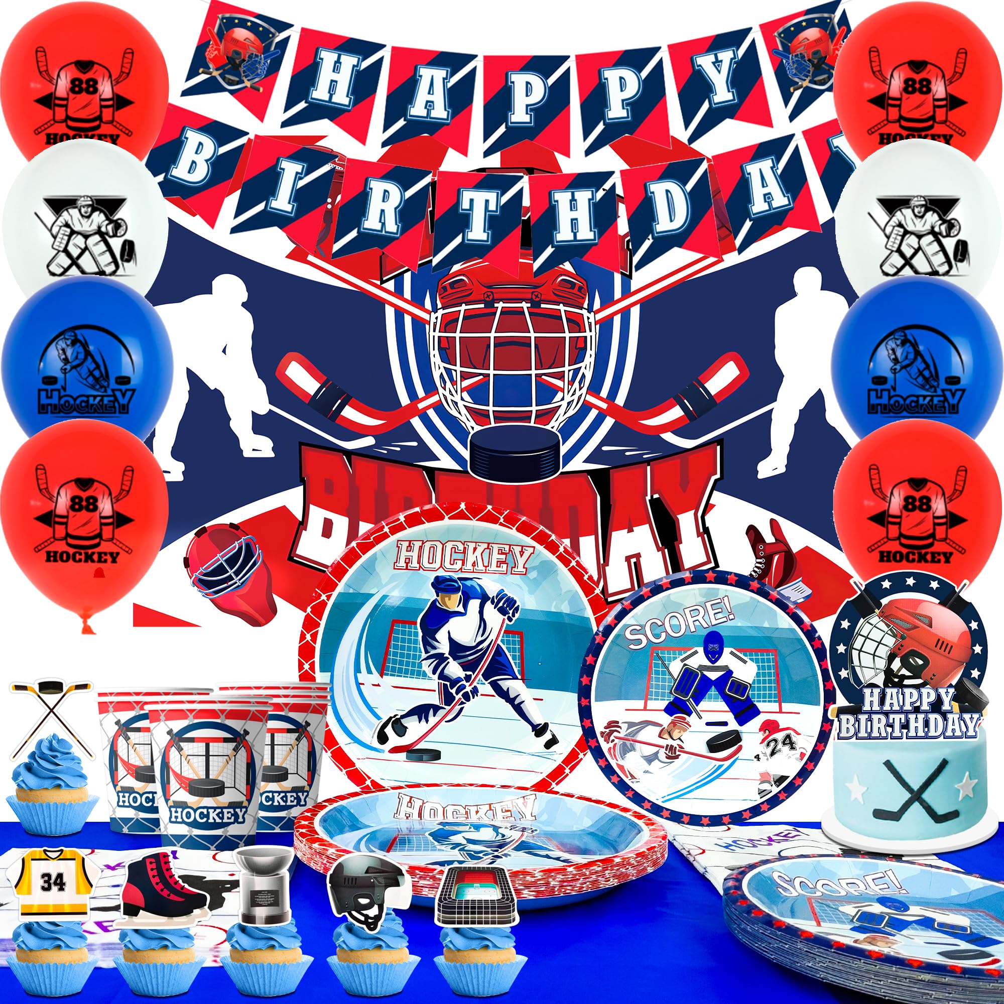 Decorazioni per Feste di Hockey su Ghiaccio,108 Pezzi Forniture per Feste di Compleanno di Hockey Striscioni Piatti Tazze Tovaglioli etc Accessori per Feste di Hockey