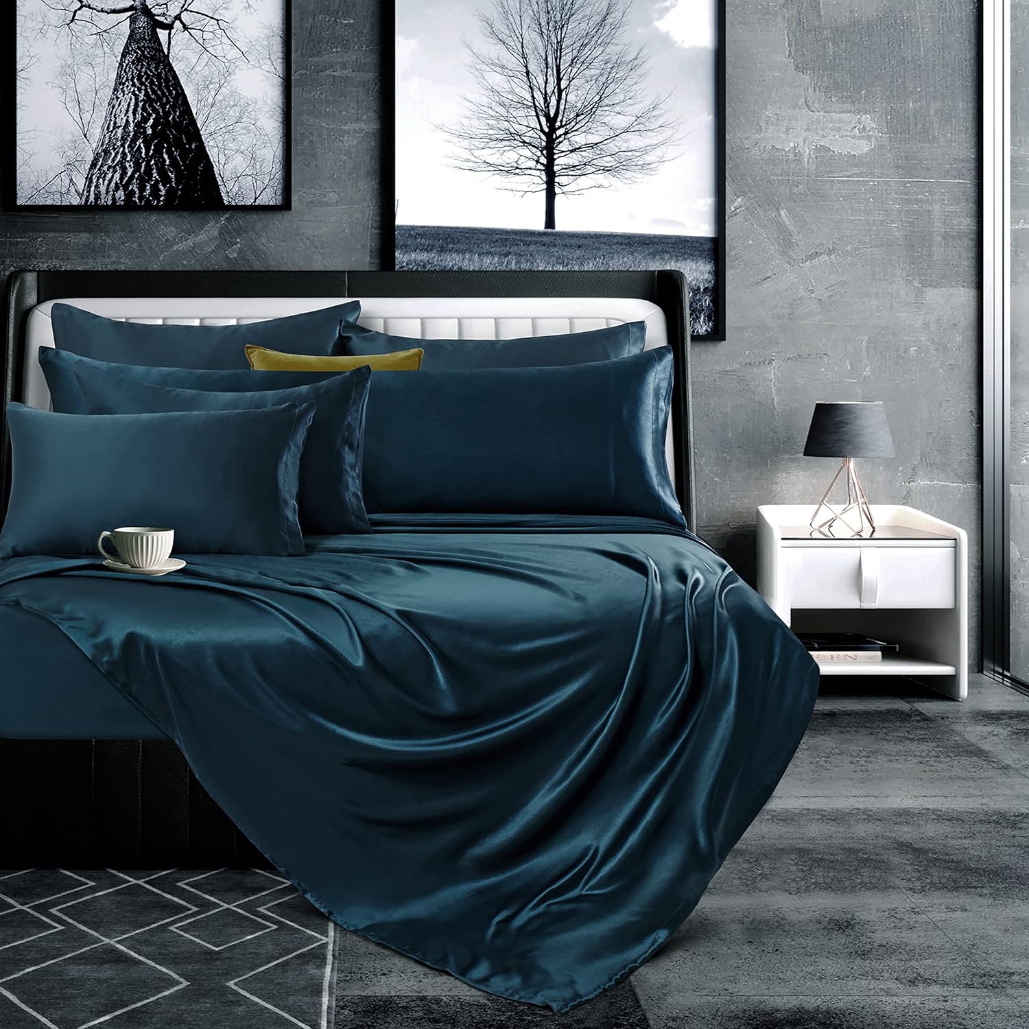 Manyshofu 7Pcs Navy Satin Sheets - Queen Set: 1 Fitted + 1 Flat + 4 Pillowcases + 1 Body Pillowcase, Luxurious & Soft Satin Bedding