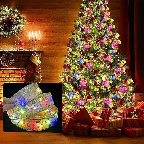 Yunaeduo Árbol de Navidad con luces decorado con cintas doradas cintas coloridas que iluminan el árbol de Navidad Funciona con baterías 1312 pies