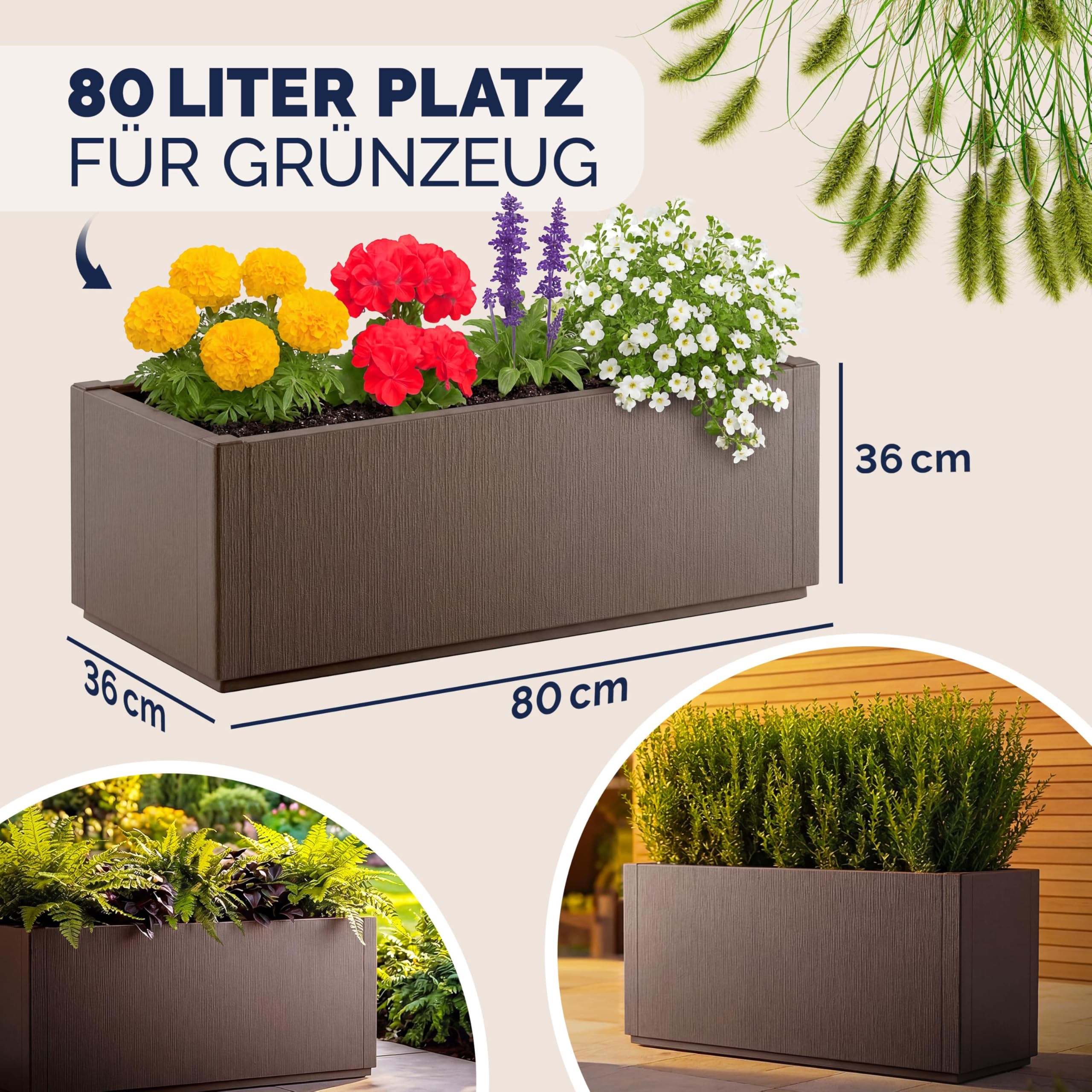 Casaria 2er Set Blumenkasten Ethica | Braun, 80L, 80x36x36cm, Garten, Wetterbeständig, Pflanzkasten