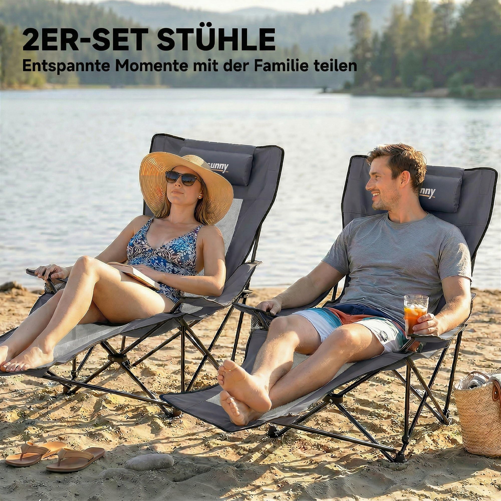 Outsunny 2 składane krzesła campingowe i plażowe z oparciem, 120kg | Podnóżek, Uchwyt na napoje, Zagłówek, Dla dorosłych, Krzesło wędkarskie, Leżak, Składane krzesło, Regulowane oparcie
