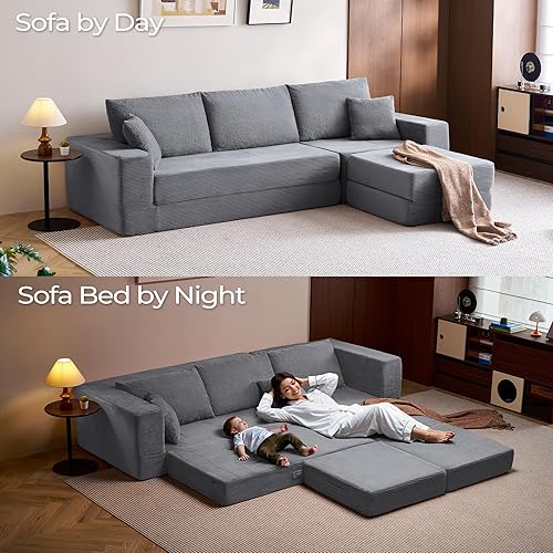 Miniatura 3 de LINSY HOME Sofá cama convertible con 2 almohadas y otomana, sofá modular en forma de L, sofás plegables de pana, sofá de compresión para sala