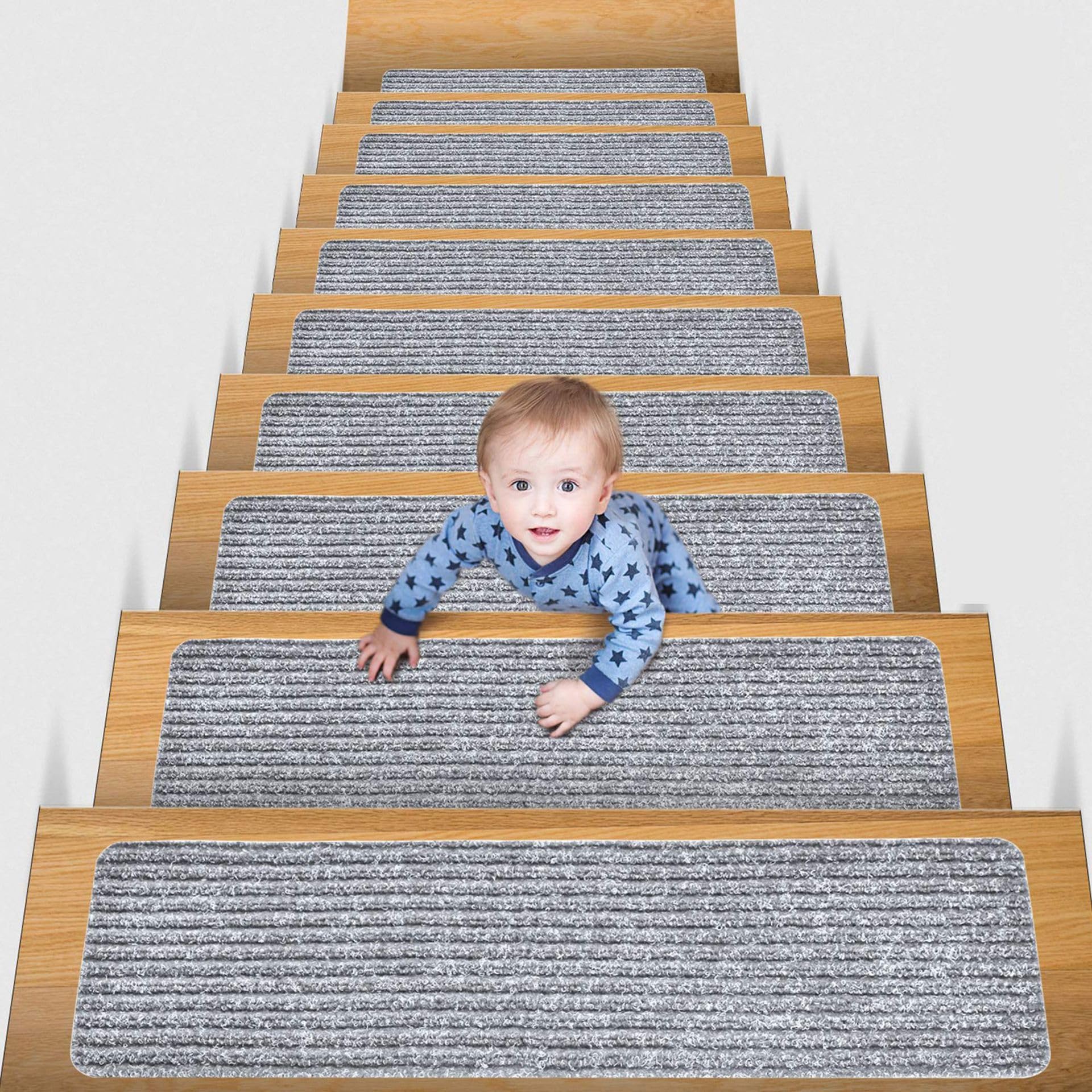 ENEN Treppenstufen Matten Antirutsch, Modern Treppenstufen Teppich mit rutschfest Treppenteppich Selbstklebend Sicherheit Stufenteppich für Kinder, Älteste und Haustiere (15pc,Rauchgrau)