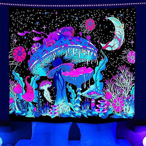Miniatura 3 de Gowwfud Tapiz de hongos reactivos con luz UV para colgar en la pared con luz negra reactiva hongos luna tapiz de poliéster para decoración del hogar