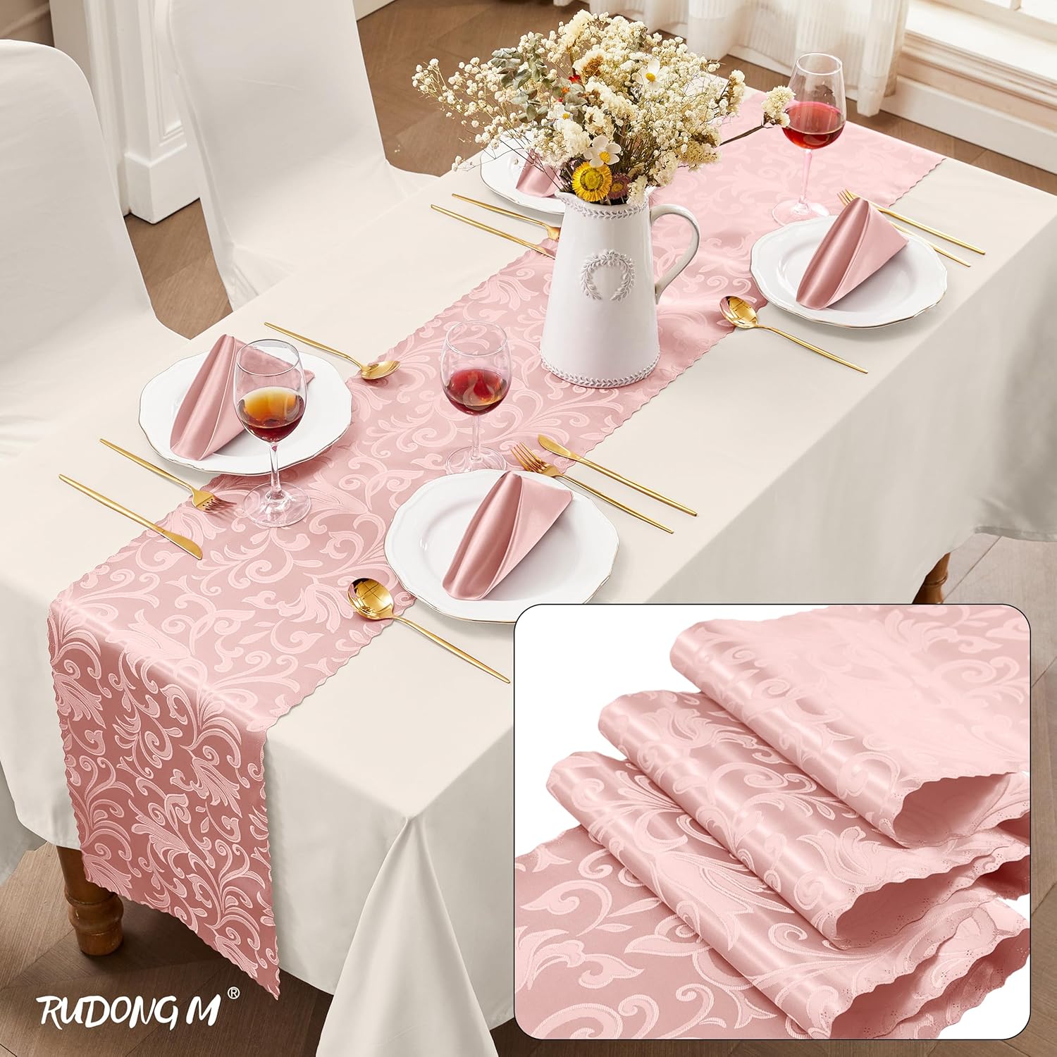 RUDONG M 12 Pack Rose Gold Satin Table Runners 12 x 108 Inch, Long Silky Damask Table Runner Decor, Bright Smooth Jacquard Dining Table Runners for Weddings, Banquet, Parties Dinner Decoration