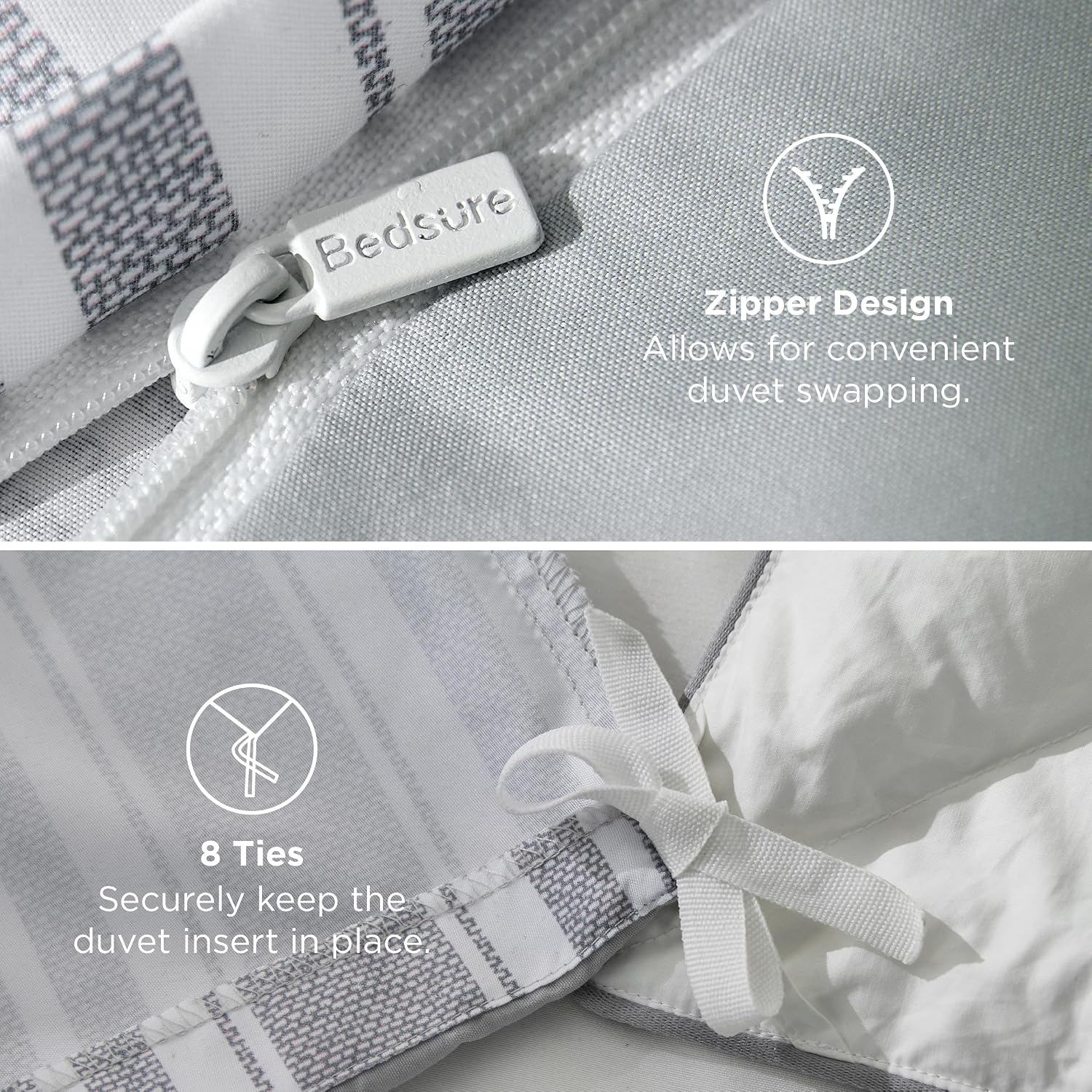 Bedsure Duvet Cover Queen Size - Striped Reversible Duvet Cover Set with Zipper Closure, 3 Pieces Grey Bedding Set with 8 Corner Ties and 2 Pillow Shams 20"x26"