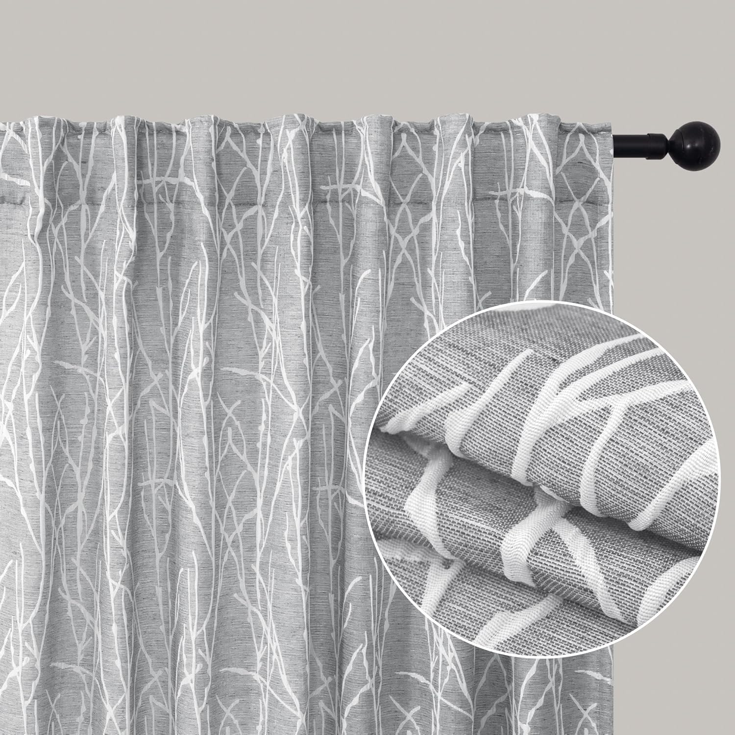 Dark Gray Curtains 63 Inch Length for Bedroom 2 Panels Set Back Tab Loop Pocket Tree Vintage Floral Patterned Lightweight Linen Textured Sheer Gray Curtain for Kitchen Door Bay Window Bathroom Doorway