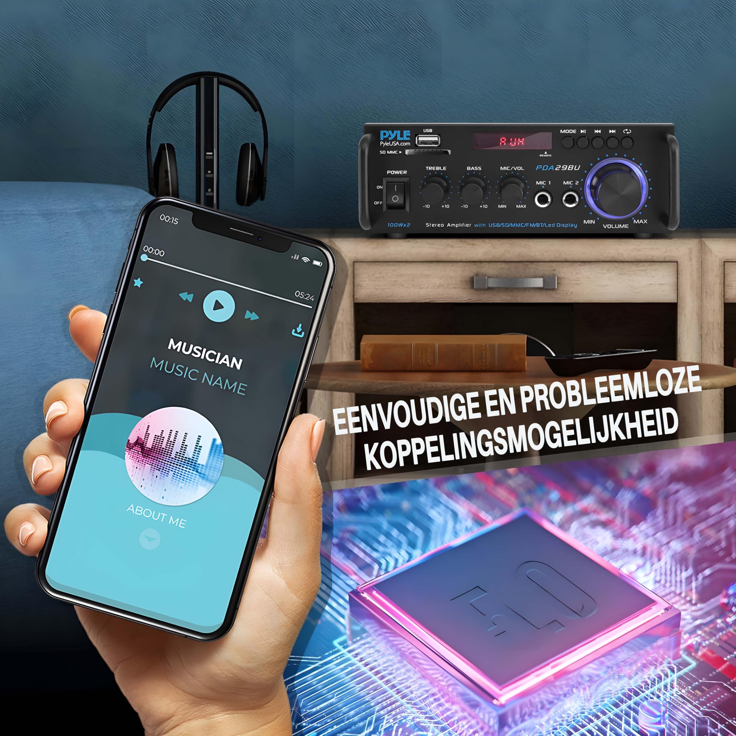 Amplificador Estéreo Pyle Bluetooth, USB, SD, AUX, Microfone Duplo De 200 W Amplificador Estéreo Pyle Bluetooth, USB, SD, AUX, Microfone Duplo De 200 W