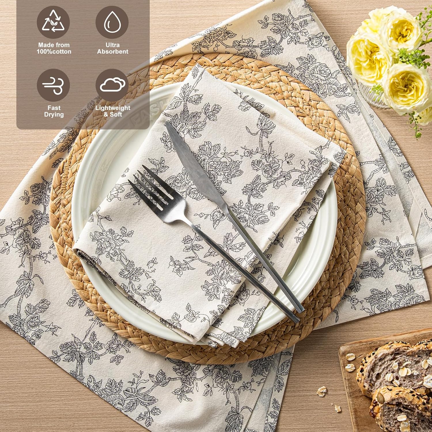 100% Cotton French Pastoral Kitchen Towels Set of 2, Decorative Flour Sack Tea Towels with Hanging Loop 18x25 Inch Absorbent Dish Cloths Farmhouse Home Decor, Black - Image 4