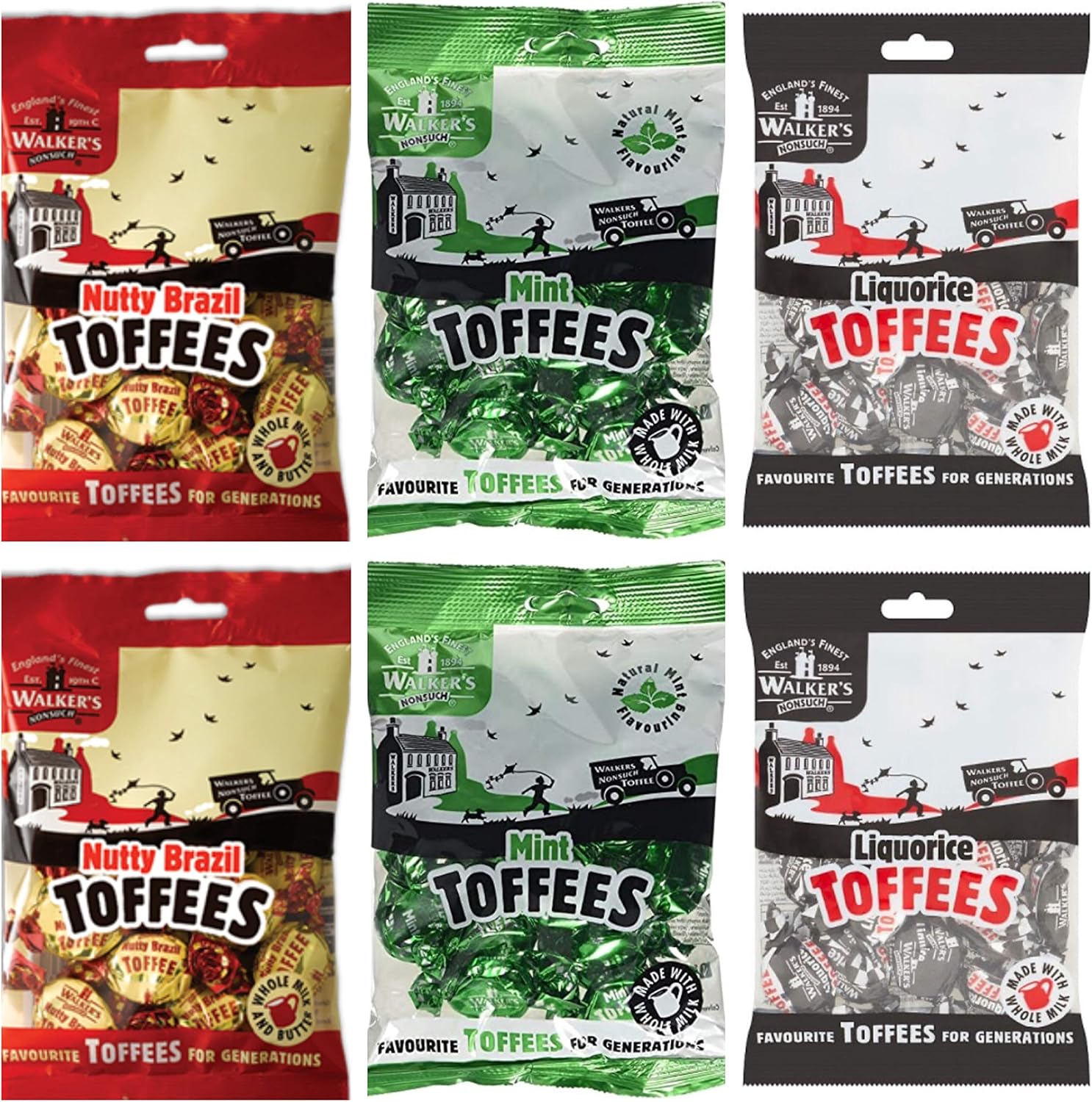 Walkers Nonsuch Toffees Set of 6 Bundle 2 x Nutty Brazil 150g, 2 x